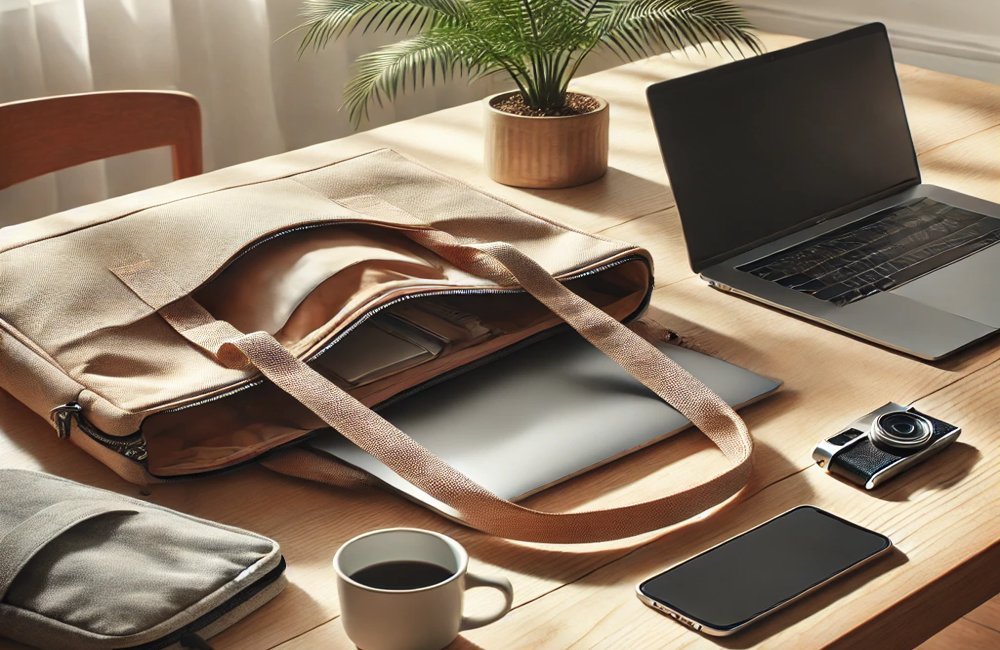 Bolso tote abierto mostrando su interior junto a un laptop en un espacio moderno