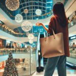 Mujer comprando en un centro comercial, llevando un bolso shopper de gran tamaño, ideal para compras navideñas y uso diario.