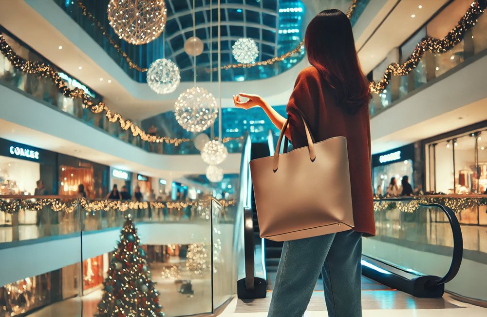 Mujer comprando en un centro comercial, llevando un bolso shopper de gran tamaño, ideal para compras navideñas y uso diario.