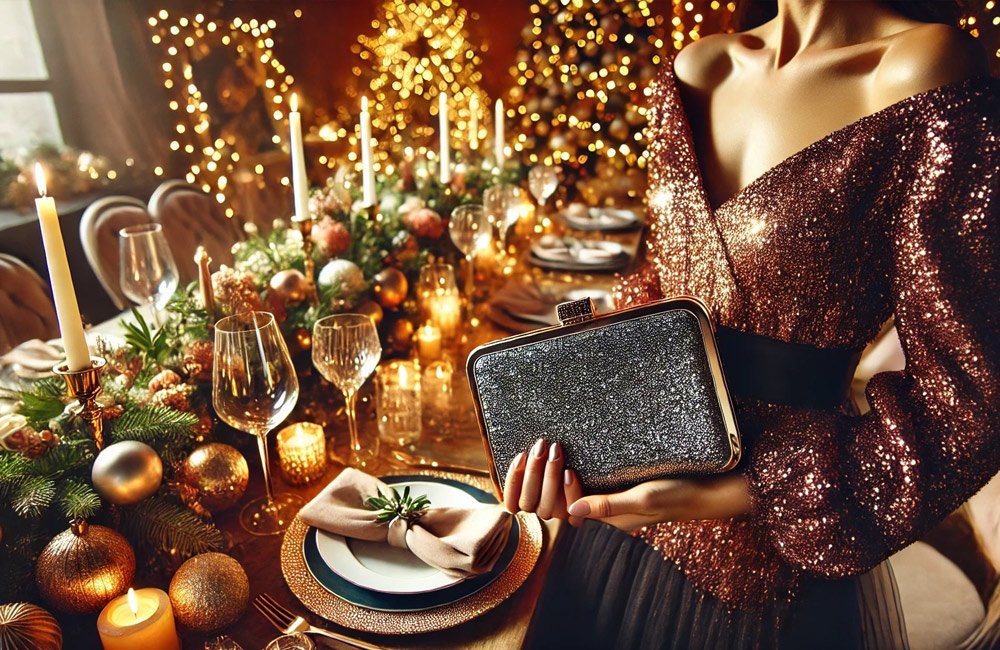 Mujer elegante en una cena navideña sosteniendo un clutch brillante, perfecto para eventos y celebraciones especiales.