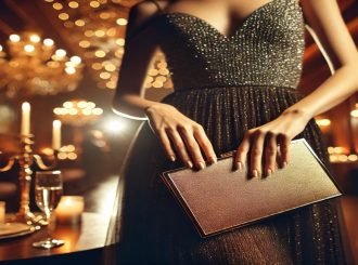 Mujer con clutch metálico en evento elegante