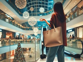 Mujer comprando en un centro comercial, llevando un bolso shopper de gran tamaño, ideal para compras navideñas y uso diario.